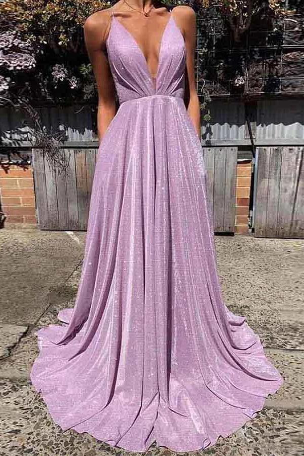 A-line New Spaghetti Straps Sparkly Purple Fashion Evening Dress Long Prom Dress