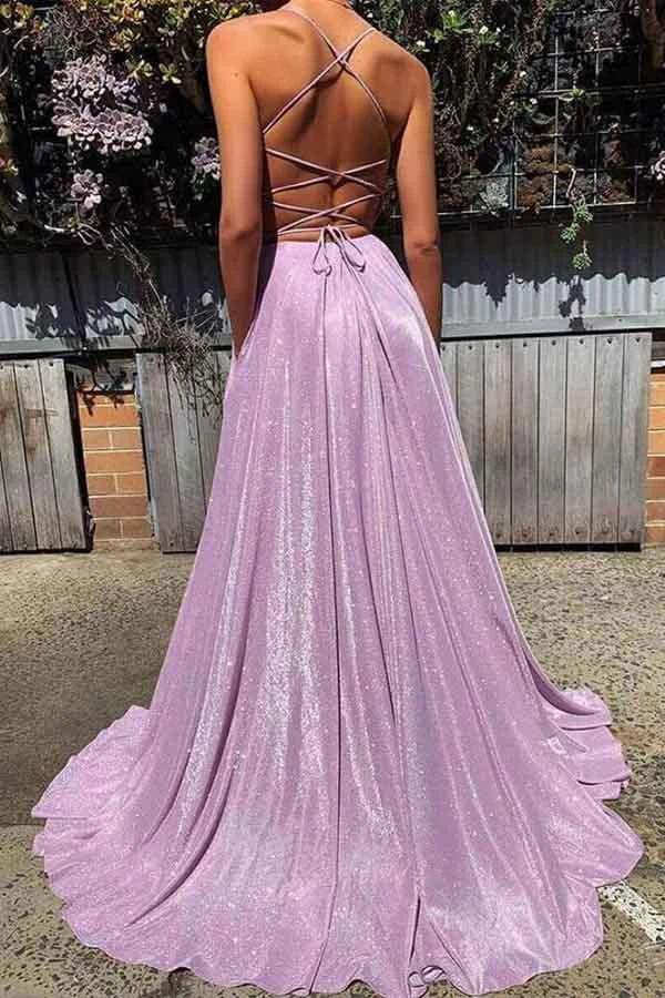 A-line New Spaghetti Straps Sparkly Purple Fashion Evening Dress Long Prom Dress