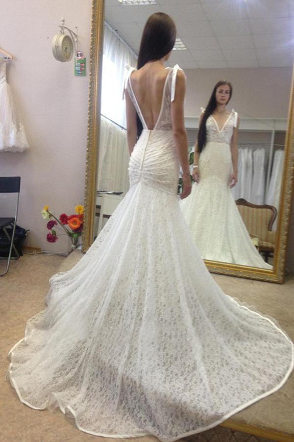 Deep V Neck Sleeveless Mermaid Lace Gown With Deep V Back, Long Lace Bridal Dress