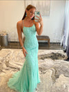 Mint Green Backless Appliques Lace Evening Dress Mermaid Long Prom Dress
