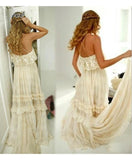 Vintage Hippie Style Boho Beach Wedding Dress Spaghetti Straps Tiered Lace Chiffon Dress N1632