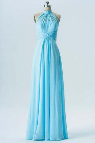 Pastel Blue Halter Floor Length Bridesmaid Dresses,Open Back Simple Bridesmaid Gowns
