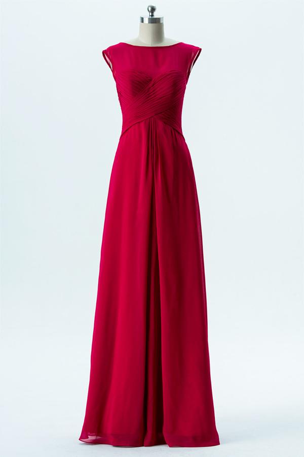 Red Boat Capped Sleeve Simple Bridesmaid Dresses,Open Back Floor Length Bridesmaid Gowns