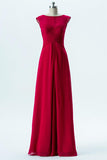 Red Boat Capped Sleeve Simple Bridesmaid Dresses,Open Back Floor Length Bridesmaid Gowns