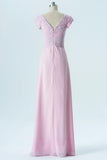 Barely Pink Capped Sleeve Simple Bridesmaid Dresses,Appliques Floor Length Bridesmaid Gowns OB125 - Ombreprom