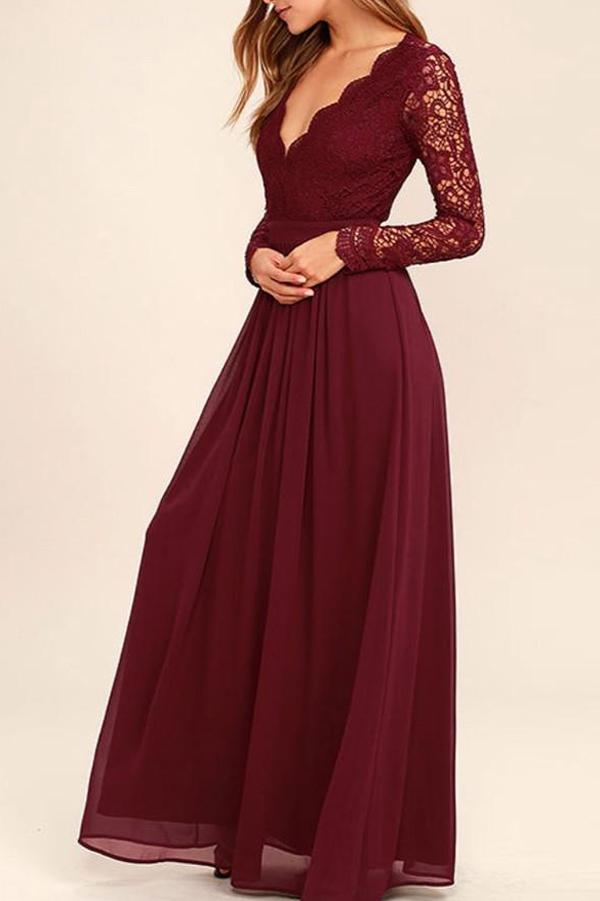Burgundy Long Sleeve Simple Bridesmaid Dresses,Open Back Hollow Long Bridesmaid Gowns OB129 - bohogown
