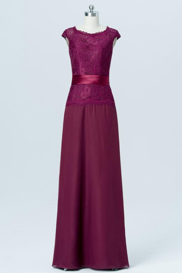 Burgundy Capped Sleeve Cheap Bridesmaid Dresses,Hollow Long Bridesmaid Gowns OB83 - bohogown