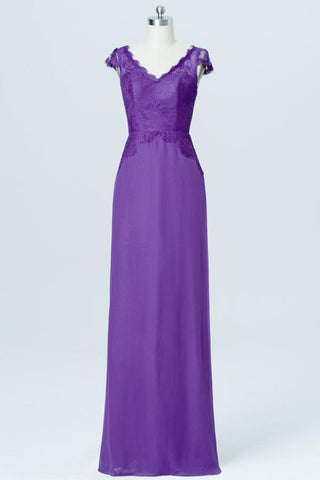 Royal Purple Capped Sleeve Cheap Bridesmaid Dresses,Lace Up Appliques Long Bridesmaid Gowns