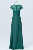 Hunter Green Short Sleeve Cheap Bridesmaid Dress,Lace Up Appliques Long Bridesmaid Gowns OB87