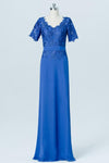 Blue Short Sleeve Cheap Bridesmaid Dresses,Lace Appliques Long Bridesmaid Gowns OB89 - bohogown