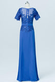 Blue Short Sleeve Cheap Bridesmaid Dresses,Lace Appliques Long Bridesmaid Gowns OB89 - Ombreprom