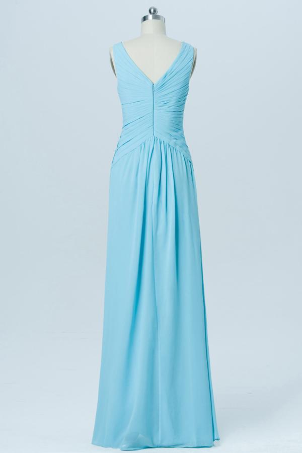 Pool Blue V Neck Cheap Bridesmaid Dresses,V Back Sleeveless Long Bridesmaid Gowns OB93 - Ombreprom