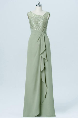 Pale Moss Green Capped Sleeve Cheap Bridesmaid Dresses,Appliques Long Bridesmaid Gowns