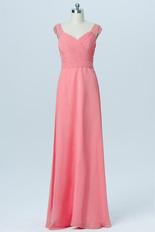 Peach Pink Sweetheart Capped Sleeve Simple Bridesmaid Dresses,Sheer Back Long Bridesmaid Gowns
