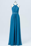 Blue Floor Length Sleeveless Bridesmaid Dresses,Halter Beading Chiffon Bridesmaid Gown OMB01 - bohogown