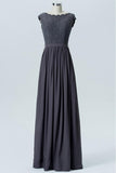 Charcoal Grey Capped Sleeve Floor Length Bridesmaid Dresses,V Back Bridesmaid Gown OMB11 - bohogown