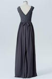 Charcoal Grey Capped Sleeve Floor Length Bridesmaid Dresses,V Back Bridesmaid Gown OMB11 - Ombreprom