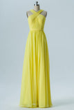 Yellow X Neck Sleeveless Floor Length Bridesmaid Dresses,Mid Back Bridesmaid Gown