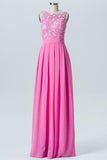 Pink Carnation Boat Sleeveless Floor Length Bridesmaid Dresses,U Back Appliques Bridesmaid Gown