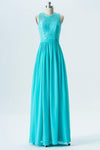 Turquoise Round Neck Sleeveless Floor Length Bridesmaid Dresses,Keyhole Back Appliques Bridesmaid Gown