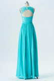 Turquoise Round Neck Sleeveless Floor Length Bridesmaid Dresses,Keyhole Back Appliques Bridesmaid Gown OMB16 - Ombreprom