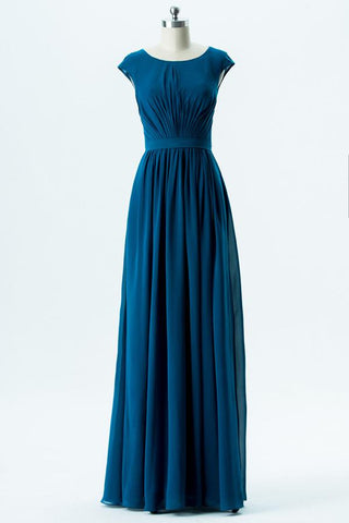 Winter Teal Capped Sleeve Floor Length Bridesmaid Dresses,Simple Chiffon Bridesmaid Gown