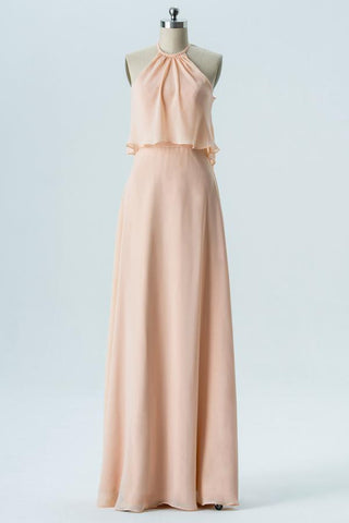 Blush Halter Floor Length Bridesmaid Dresses,Sleeveless Chiffon Bridesmaid Gown OMB21 - bohogown