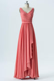 Dusty Coral V Neck Floor Length Bridesmaid Dresses,Sleeveless Ruffle Chiffon Bridesmaid Gown