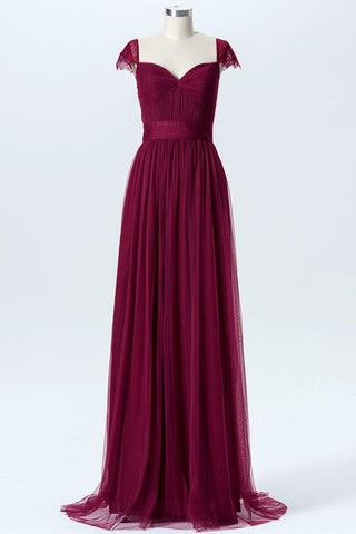 Deep Claret Sweetheart Floor Length Bridesmaid Dresses,Capped Sleeve Keyhole Back Chiffon Bridesmaid Gown OMB23 - bohogown
