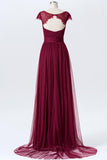 Deep Claret Sweetheart Floor Length Bridesmaid Dresses,Capped Sleeve Keyhole Back Chiffon Bridesmaid Gown OMB23 - Ombreprom