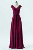 Burgundy V Neck Floor Length Bridesmaid Dresses,Capped Sleeve V Back Chiffon Bridesmaid Gown OMB24 - bohogown