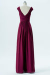 Burgundy V Neck Floor Length Bridesmaid Dresses,Capped Sleeve V Back Chiffon Bridesmaid Gown OMB24 - Ombreprom