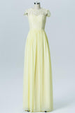 Tender Yellow Capped Sleeve Floor Length Bridesmaid Dresses,Sheer Lace Appliques Chiffon Bridesmaid Gown