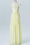 Tender Yellow Capped Sleeve Floor Length Bridesmaid Dresses,Sheer Lace Appliques Chiffon Bridesmaid Gown OMB26 - Ombreprom