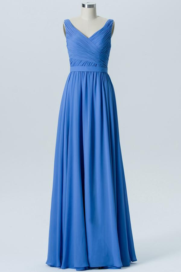 Blue Topaz V Neck Sleeveless Floor Length Bridesmaid Dresses,V Back Chiffon Bridesmaid Gown OMB29 - bohogown