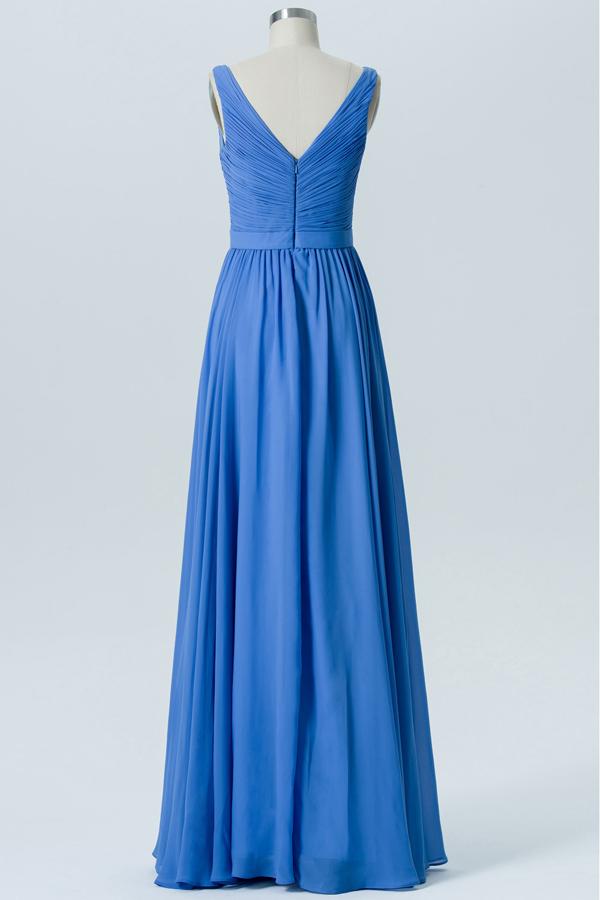 Blue Topaz V Neck Sleeveless Floor Length Bridesmaid Dresses,V Back Chiffon Bridesmaid Gown OMB29 - Ombreprom