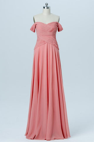 Pink Floor Length Sleeveless Bridesmaid Dresses,Off Shoulder Chiffon Bridesmaid Gown