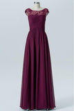 Deep Claret Sheer Capped Sleeve Floor Length Bridesmaid Dresses,V Back Chiffon Bridesmaid Gown OMB31 - bohogown