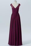 Deep Claret Sheer Capped Sleeve Floor Length Bridesmaid Dresses,V Back Chiffon Bridesmaid Gown OMB31 - Ombreprom
