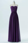 Plum Purple Sweetheart Strapless Floor Length Bridesmaid Dresses,Mid Back Chiffon Bridesmaid Gown