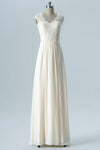 Ivory Scoop Capped Sleeve Floor Length Bridesmaid Dresses,Keyhole Back Lace Appliques Chiffon Bridesmaid Gown