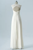Ivory Capped Sleeve Floor Length Keyhole Back Lace Appliques Chiffon Bridesmaid Dress OMB33