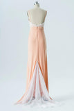 Apricot Blush Sweetheart Spaghetti Sweep Train Low Back Appliques Chiffon Bridesmaid Gown OMB34 - Ombreprom