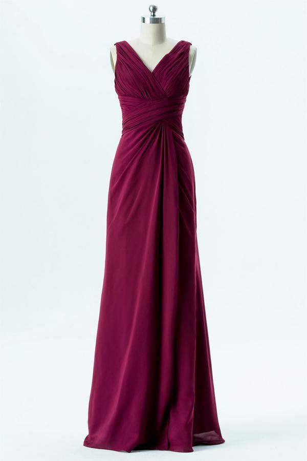 Burgundy V Neck Floor Length Bridesmaid Dresses,Deep V Back Chiffon Bridesmaid Gown OMB36 - bohogown