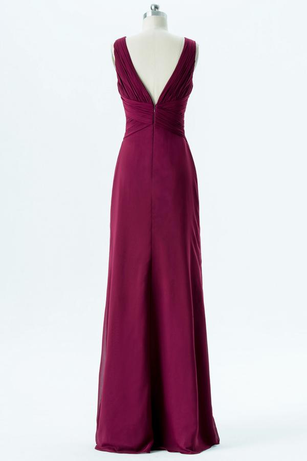 Burgundy V Neck Floor Length Bridesmaid Dresses,Deep V Back Chiffon Bridesmaid Gown OMB36 - Ombreprom