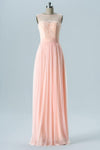 Blush Boat Floor Length Tulle Up Sheer Back Lace Appliques Chiffon Bridesmaid Dress OMB39 - bohogown