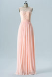 Blush Boat Floor Length Tulle Up Sheer Back Lace Appliques Chiffon Bridesmaid Dress OMB39 - bohogown