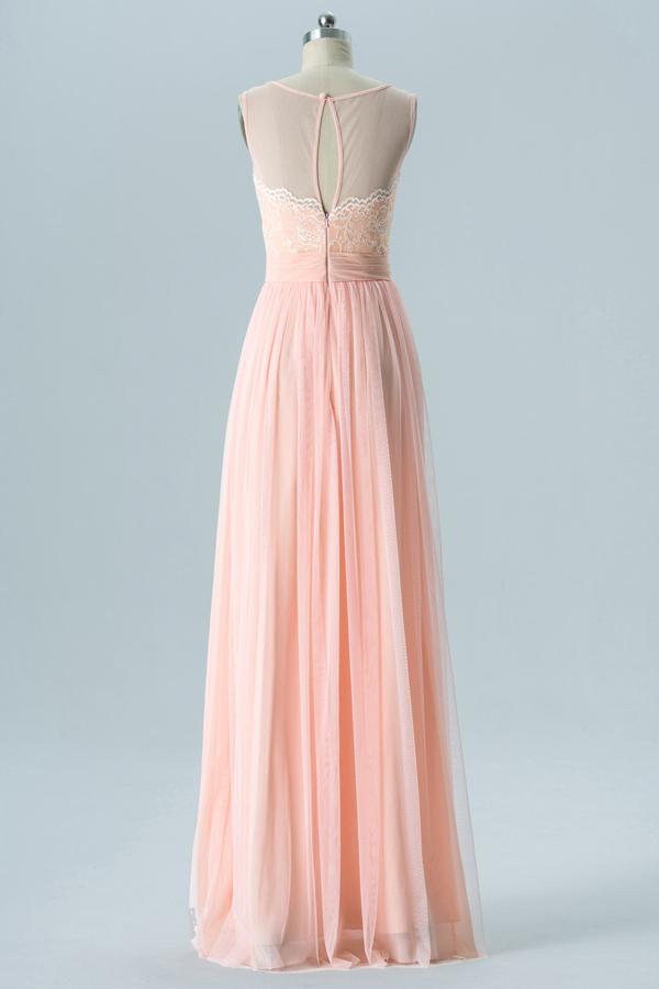 Blush Boat Floor Length Tulle Up Sheer Back Lace Appliques Chiffon Bridesmaid Dress OMB39 - Ombreprom