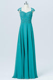 Green Floor Length Capped Sleeve Bridesmaid Dresses,Sweetheart Chiffon Appliques Bridesmaid Gown