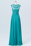 Green Floor Length Capped Sleeve Sweetheart Chiffon Appliques Bridesmaid Dress OMB04